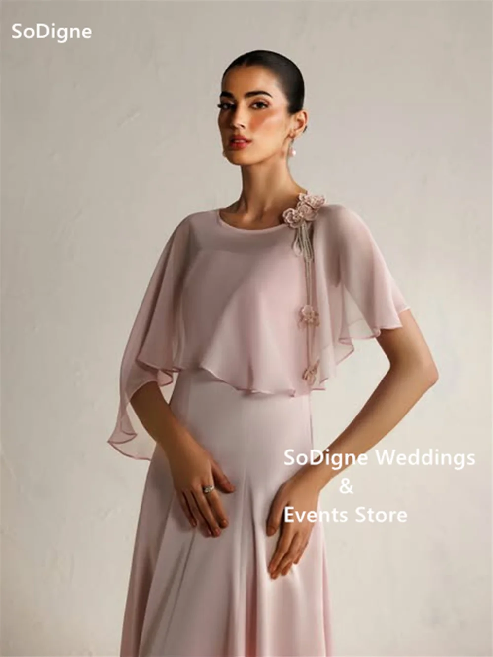SoDigne Dusty Pink Prom Dresses Round Neck Chiffon Evening Dress 3D Floral Appliqué Flowy Evening Gown 2026 Customized