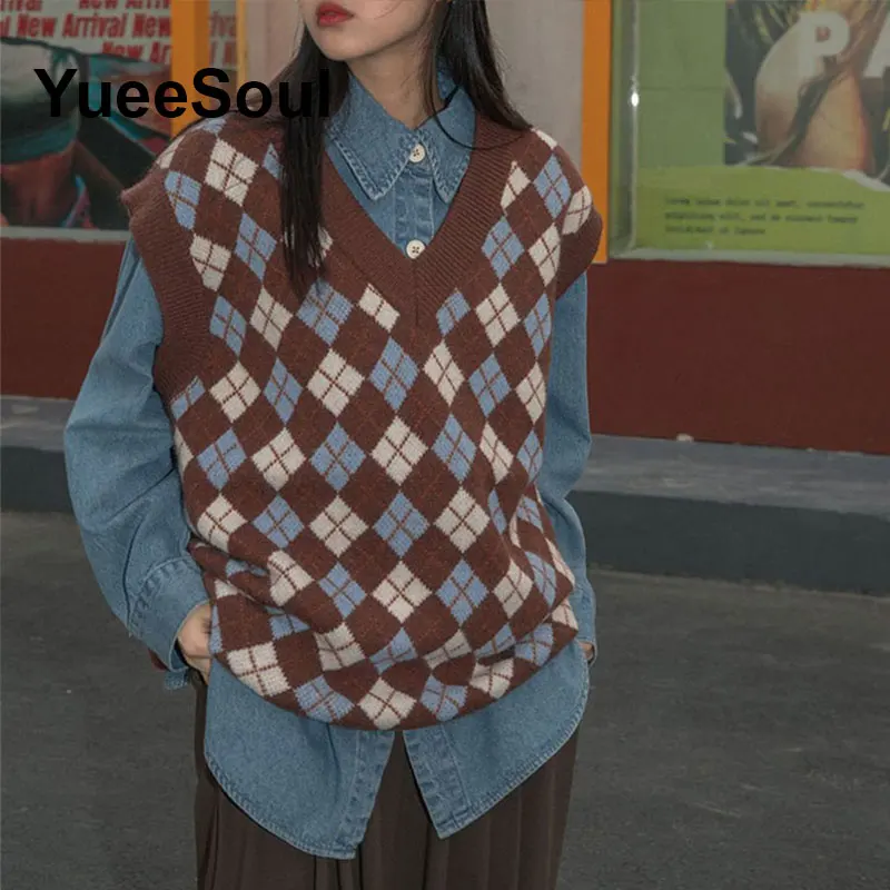 Argyle Sweater Vest Brown Sleeveless Pullover Knitted Waistcoat 2025 Autumn New Y2K Vintage High Street Women's Vests Outerwear