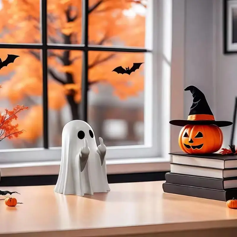 Cute Middle Finger Ghost Statue, Small Halloween Decor for Home, Centerpiece for Coffee Table, Adorable Horror Figuree qa