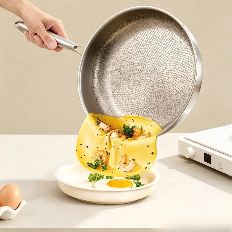 26/28/30cm Pure Titanium Uncoated Frying Pan, Fish Scale Hammer Pattern Non-Stick Titanium Alloy Cookware