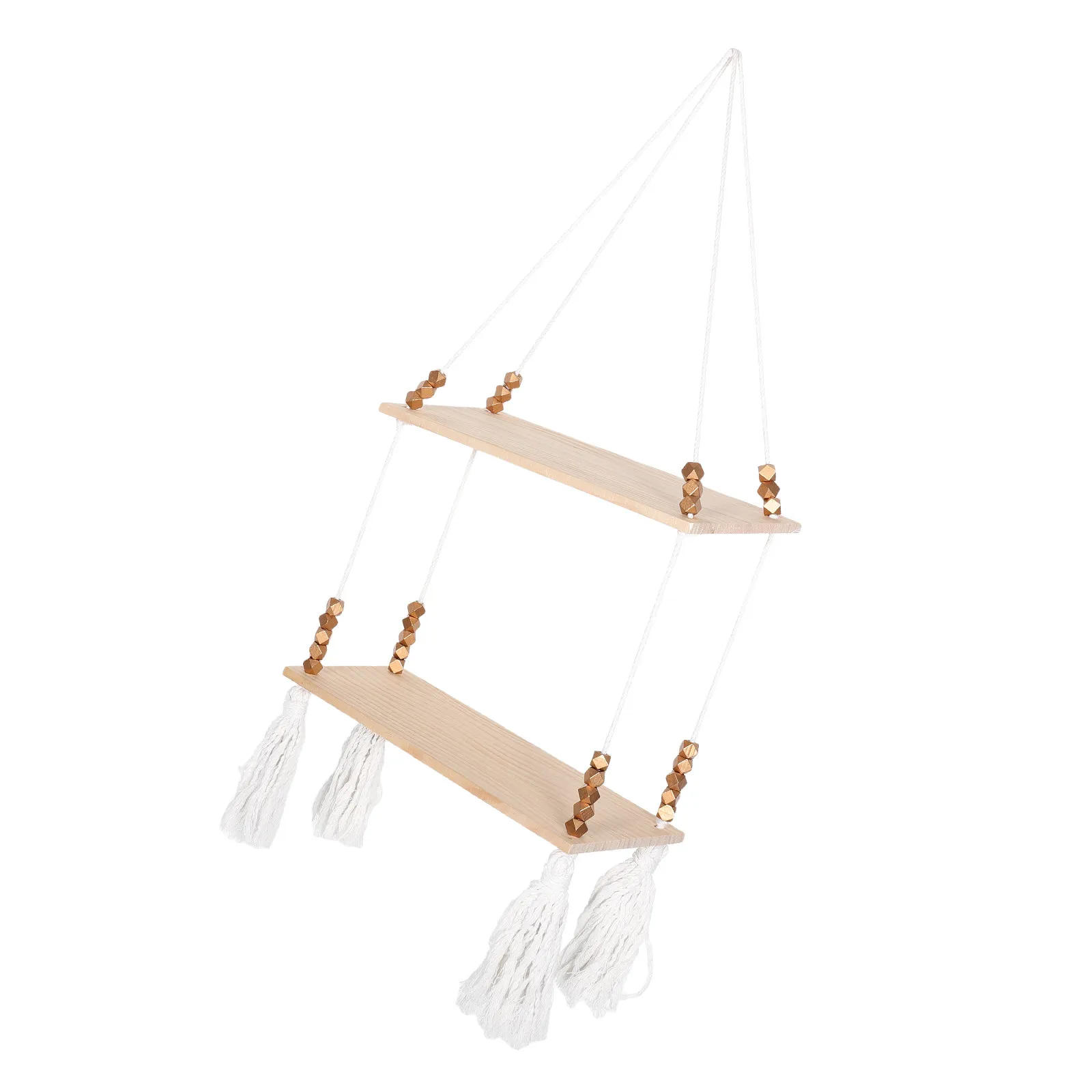 Macrame Boho Wall Hanging Shelf Natural Wood Floating Plant Shelf for Living Room Bedroom Bathroom Decor Tassel Design Aesthetic