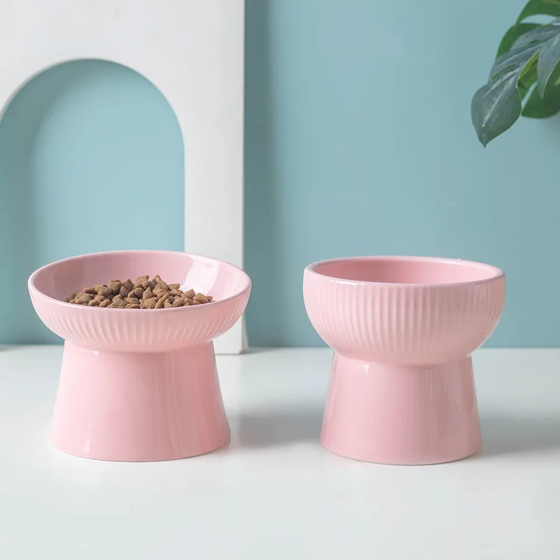 

Cute Slanted Single Ceramic Bowl Neck Protection Elevated Anti-tipping Feeding Basin for Cats Dogs