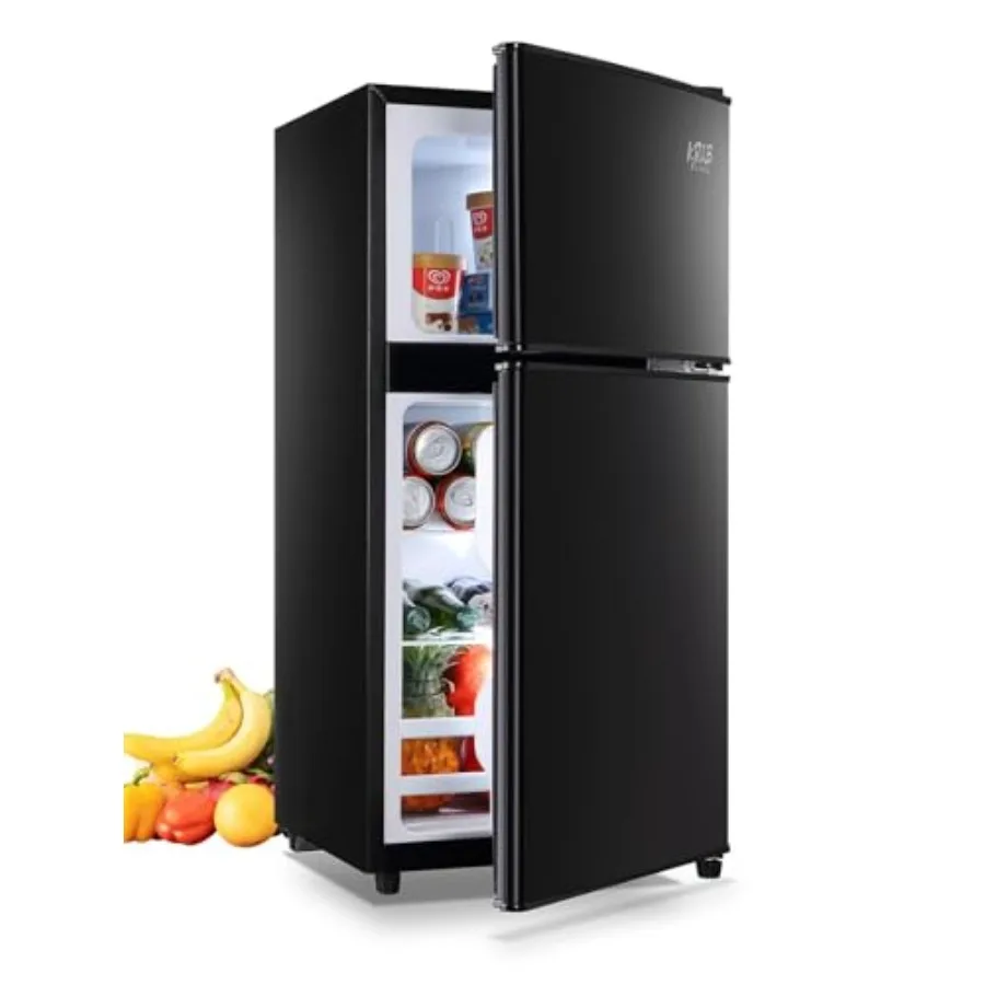 Mini Fridge With FreezerCompact Refrigerator With 2 Doors 7- Level Adjustable Thermostat Removable Glass Shelves For Bedroom Of
