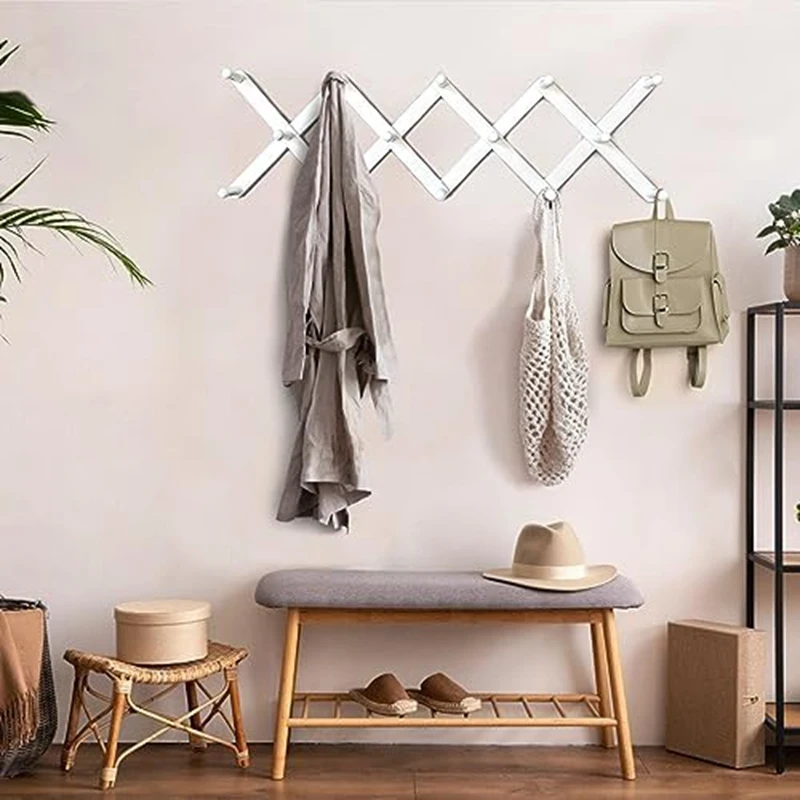 Coat Rack Wall Mount Accordion Wall Hanger - Durable Pine Wood Coat Rack Wall Mounted Expandable With Metal Hooks