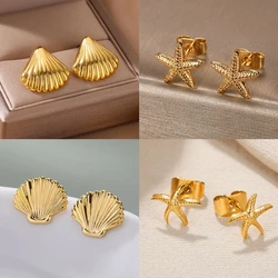 Minimalist Starfish Shell Stainless Steel Stud Earrings for Women Gold Color Aesthetic Wedding Earring Summer Beach Jewelry Gift