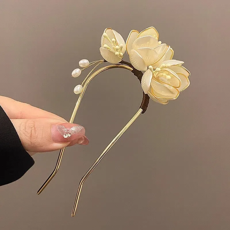 Magnolia U-shaped Hairpin, Wrapped Flower New Chinese Style Qipao Bun Bridal Hair Accessory view 5