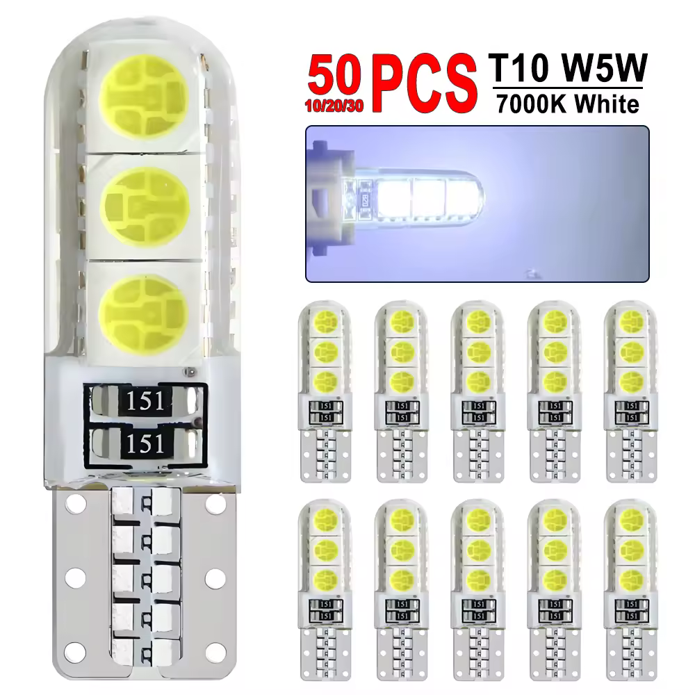 10/20/30/50 PCS T10 W5W LED Bulbs 12V 5050-6SMD 7000K White Car Trunk Wedge Side License Plate Signal Lights Silicone Waterproof