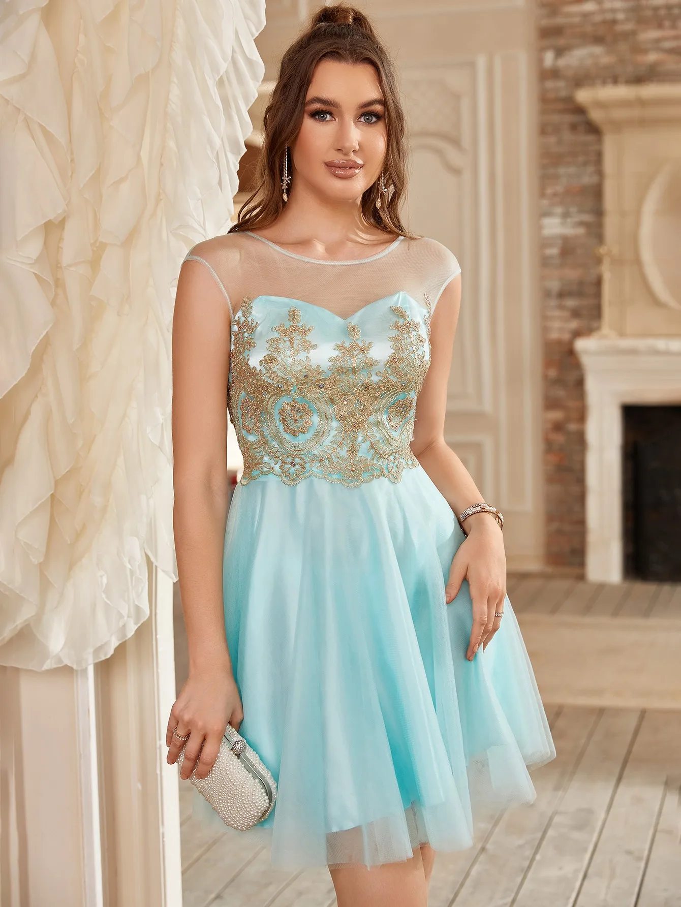 STEPHANIE Sky Blue Lace Appliques Short Cocktail Dresses Evening Beading Embroidery Mini Tulle Formal Party Prom Gowns Vestido