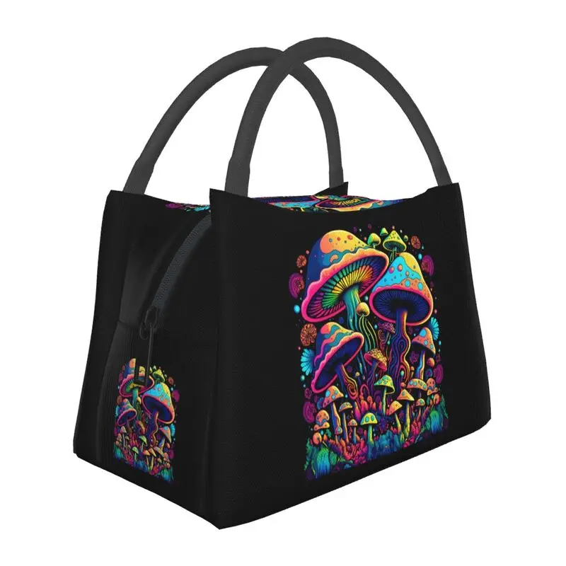 

Psychedelic Magic Rainbow Mushrooms Insulated Lunch Tote Bag for Women Mysterious Boho Portable Thermal Cooler Bento Box