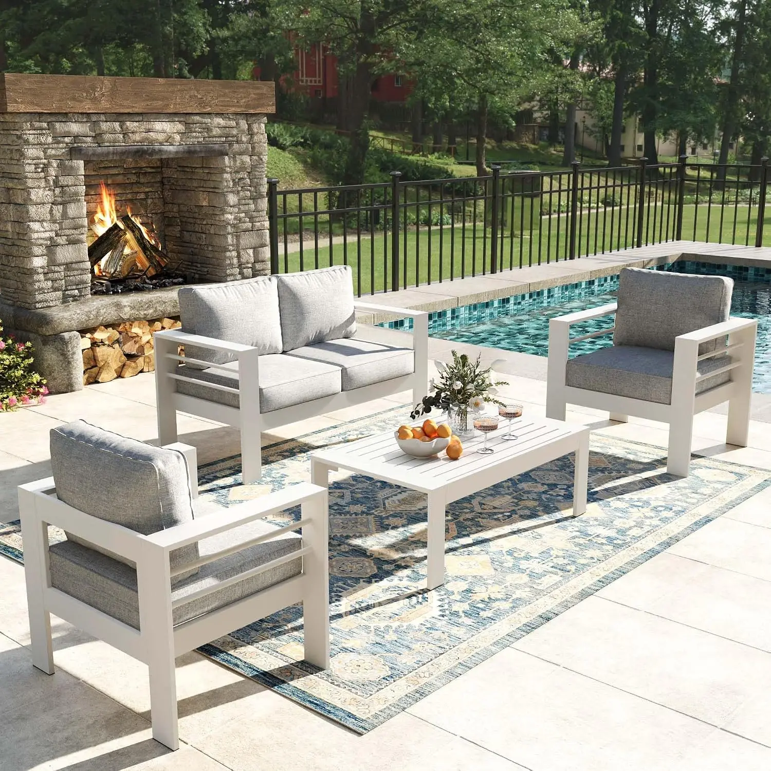 Modern Aluminum Patio Furniture Set Outdoor Sectional Sofa & Coffee Table 4-Piece, Customized