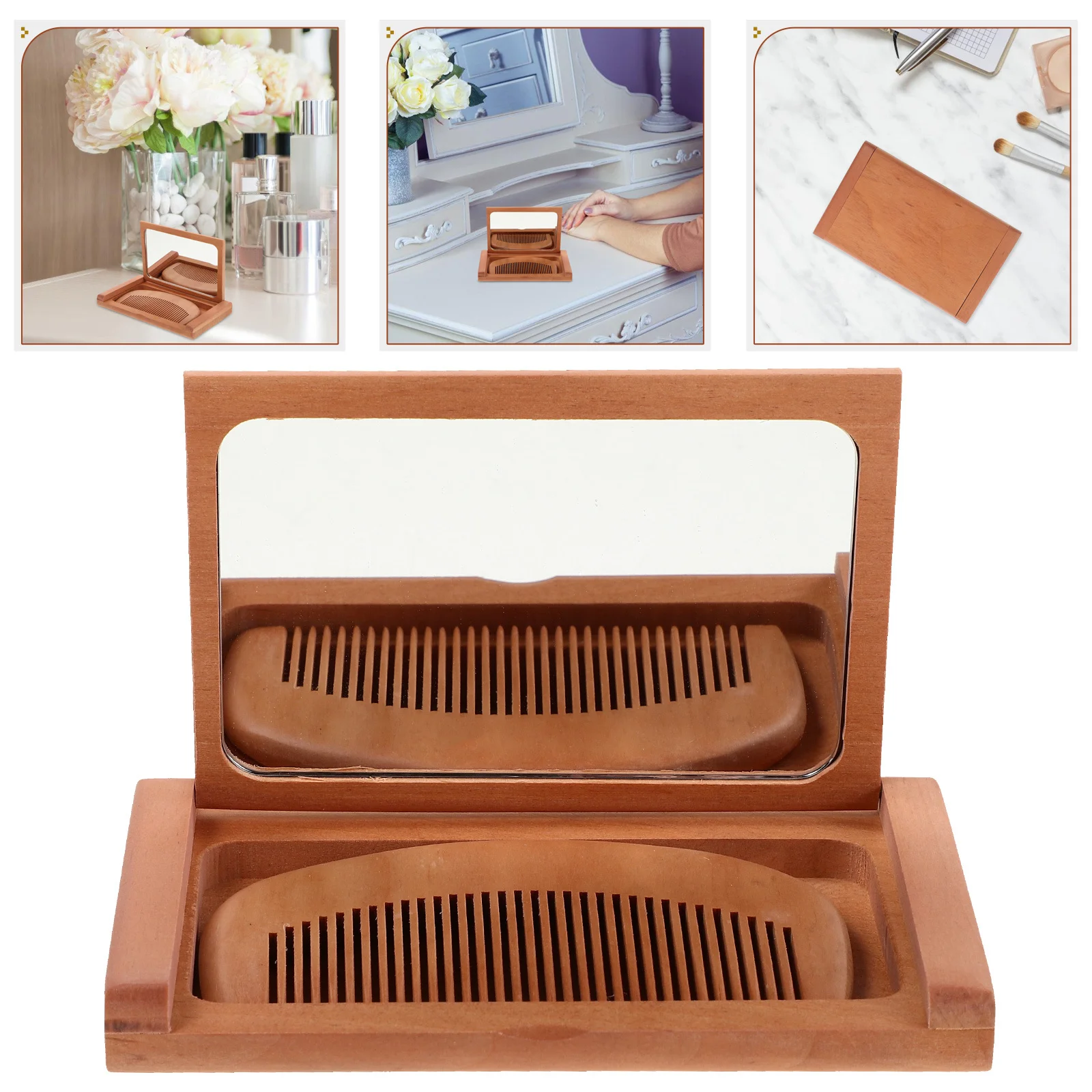

Vintage Mirror Foldable Wood Mirror Small Mirror Compact Mirror with Comb for Purse Travel Portable Makeup Mirror for Touch-Up