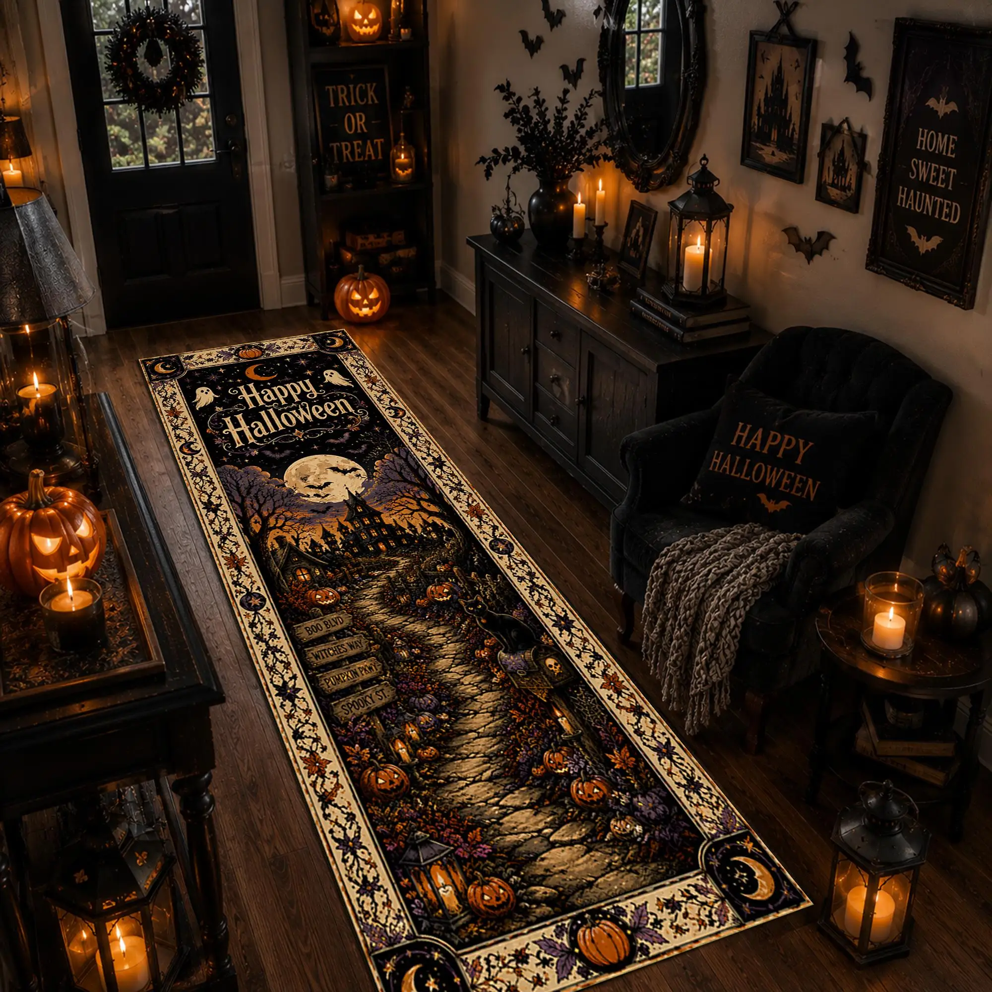 Happy Halloween Castle Pumpkin Border graphics Runner Rug,Corridor,Sofa Side,Entryway,Non Slip Runner Rug,Spooky Decor gifts