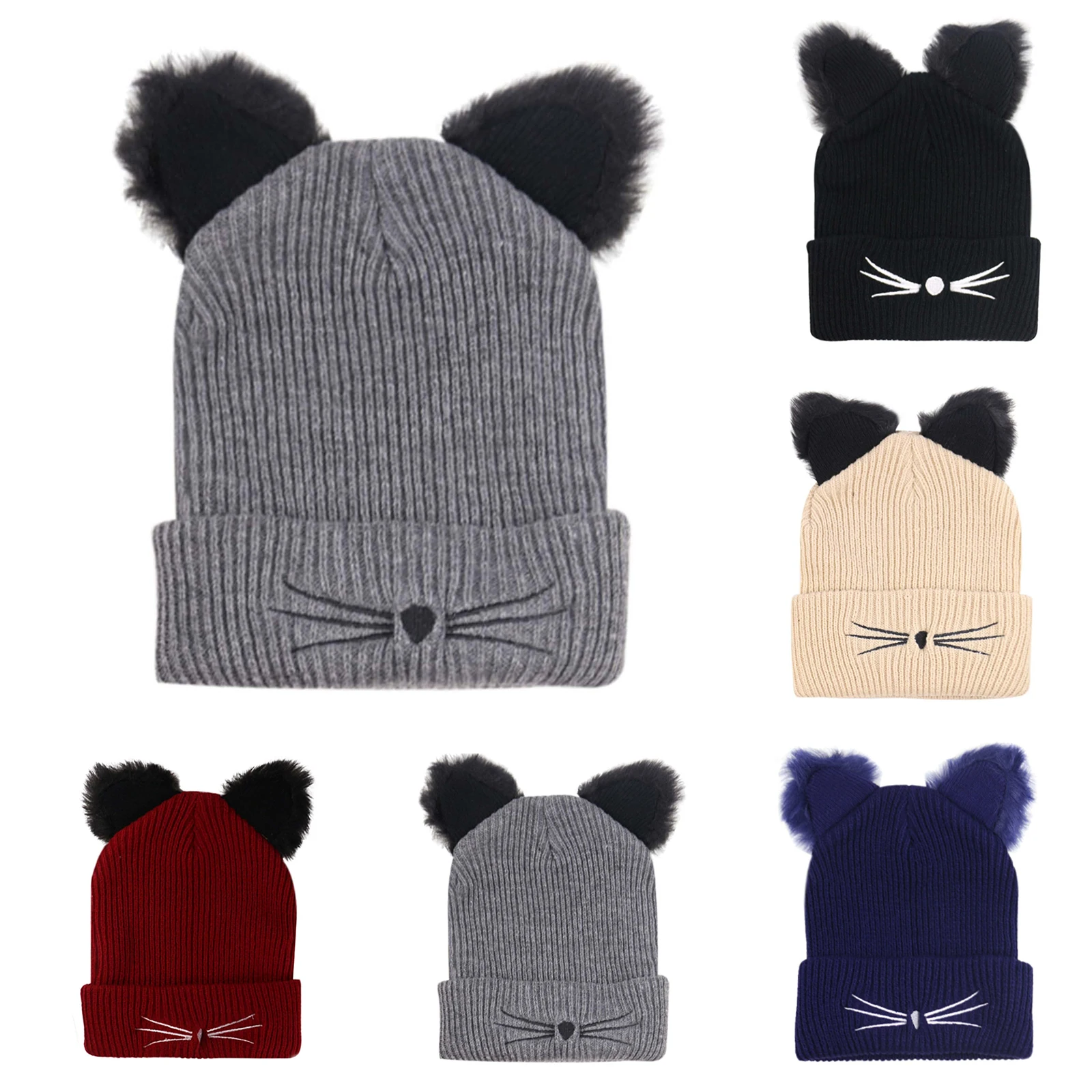 

Новая теплая зимняя шапка с кошачьими ушками, вязаная шапка с вышитыми ушками, милая осенне-зимняя теплая пуловерная шапка, универсальная холодная шапка
