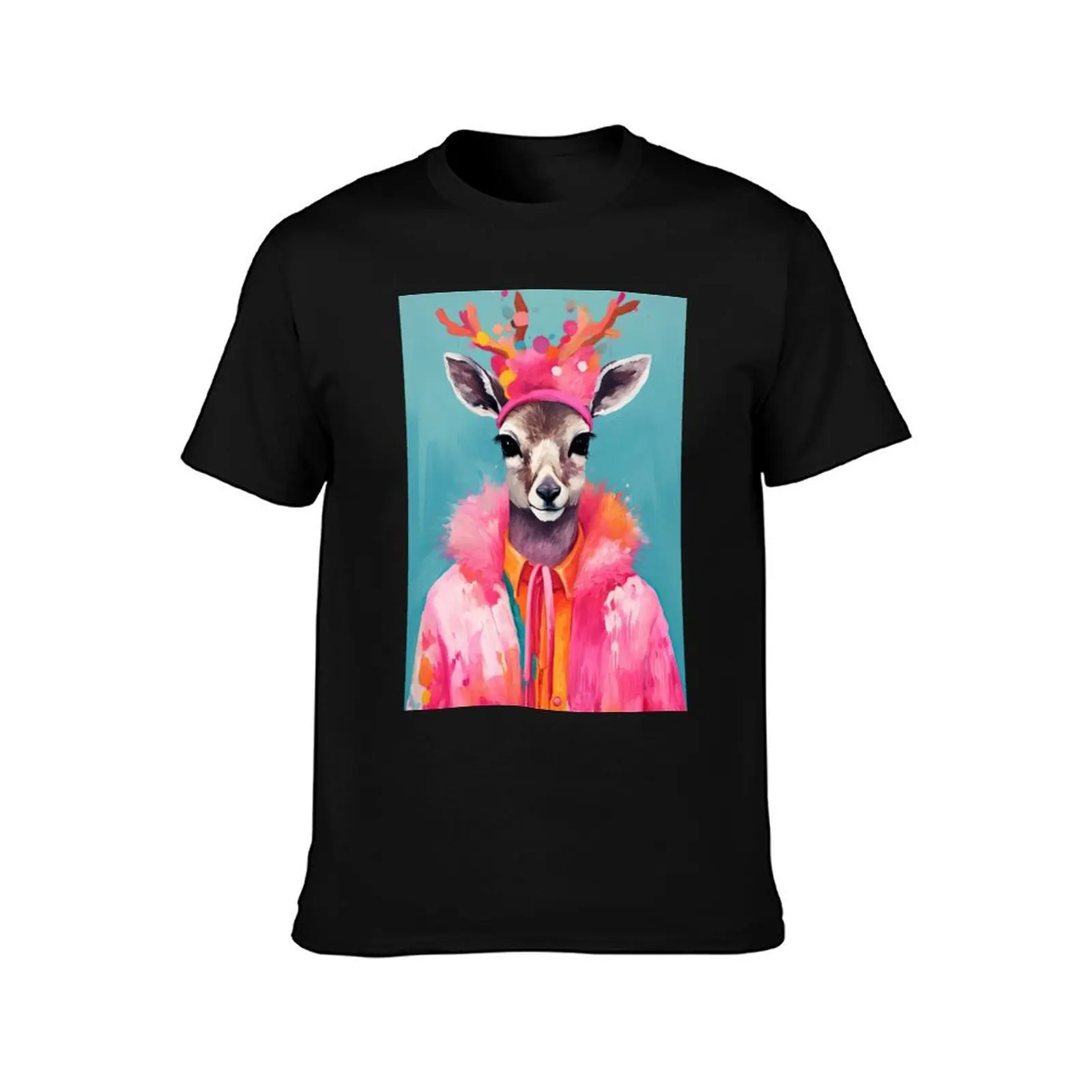 Watercolor Deer in Pink Coat Funky Animal Fashion Art Print T-Shirt, Summer Casual Cotton Tee, Oversized Streetwear Tops
