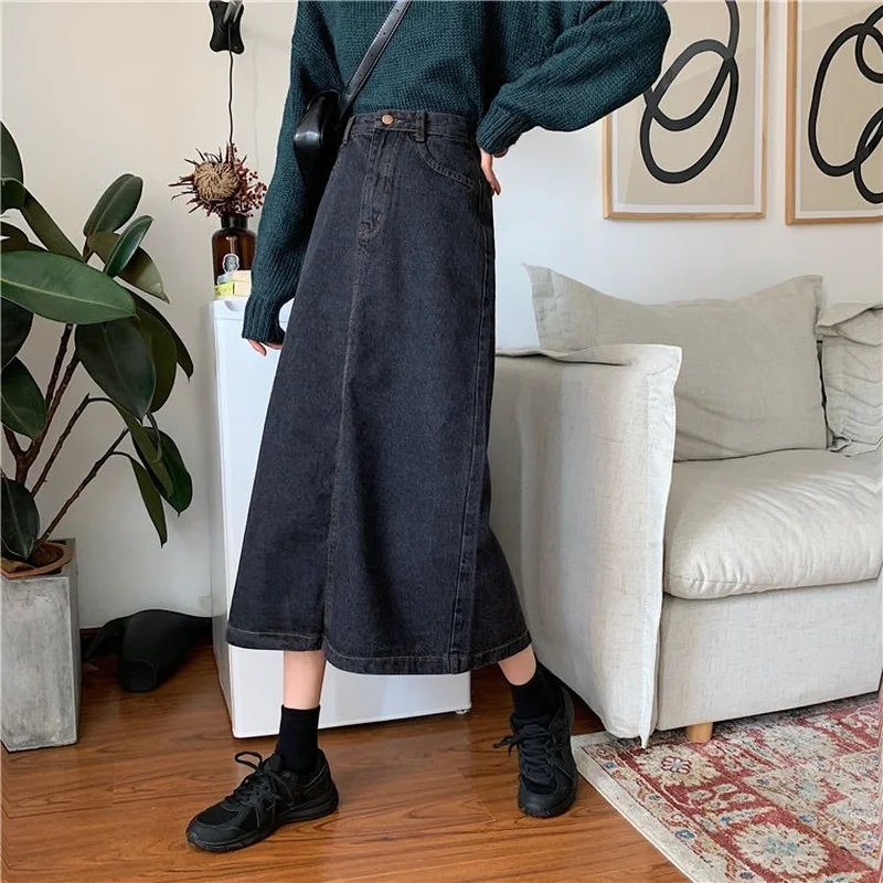 

Skirts Women Denim Black Midi Retro Korean Trendy Autumn All-match Ladies High Waist Skirt Casual Basic Solid Back-slit Design