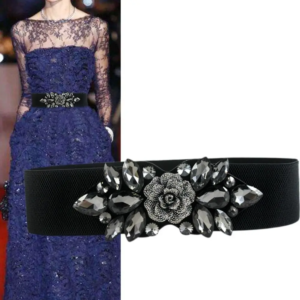 Mode Rose Blume Elastische Cummerbunds Breiten Gurt Gürtel Frauen Bund Schwarz Koreanischen Stil Strass Taille Gürtel Kleid