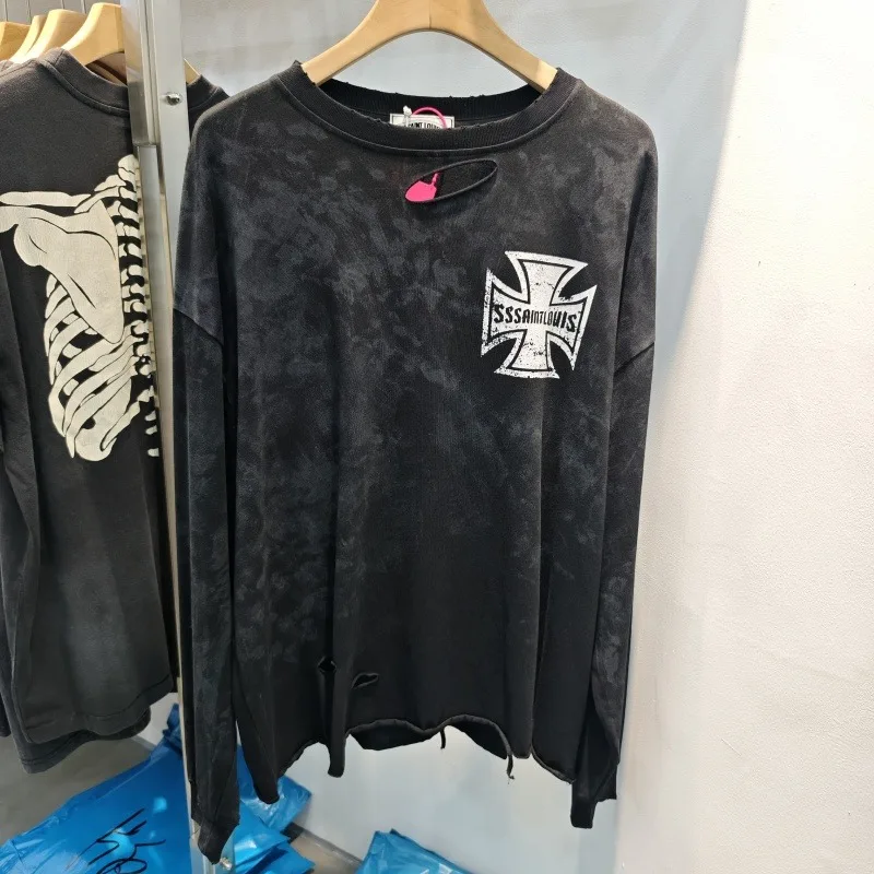 Washed Destroyed Black T-Shirt Men Vintage Iron Cross Sleeve Logo Oversized Casual Cotton Top