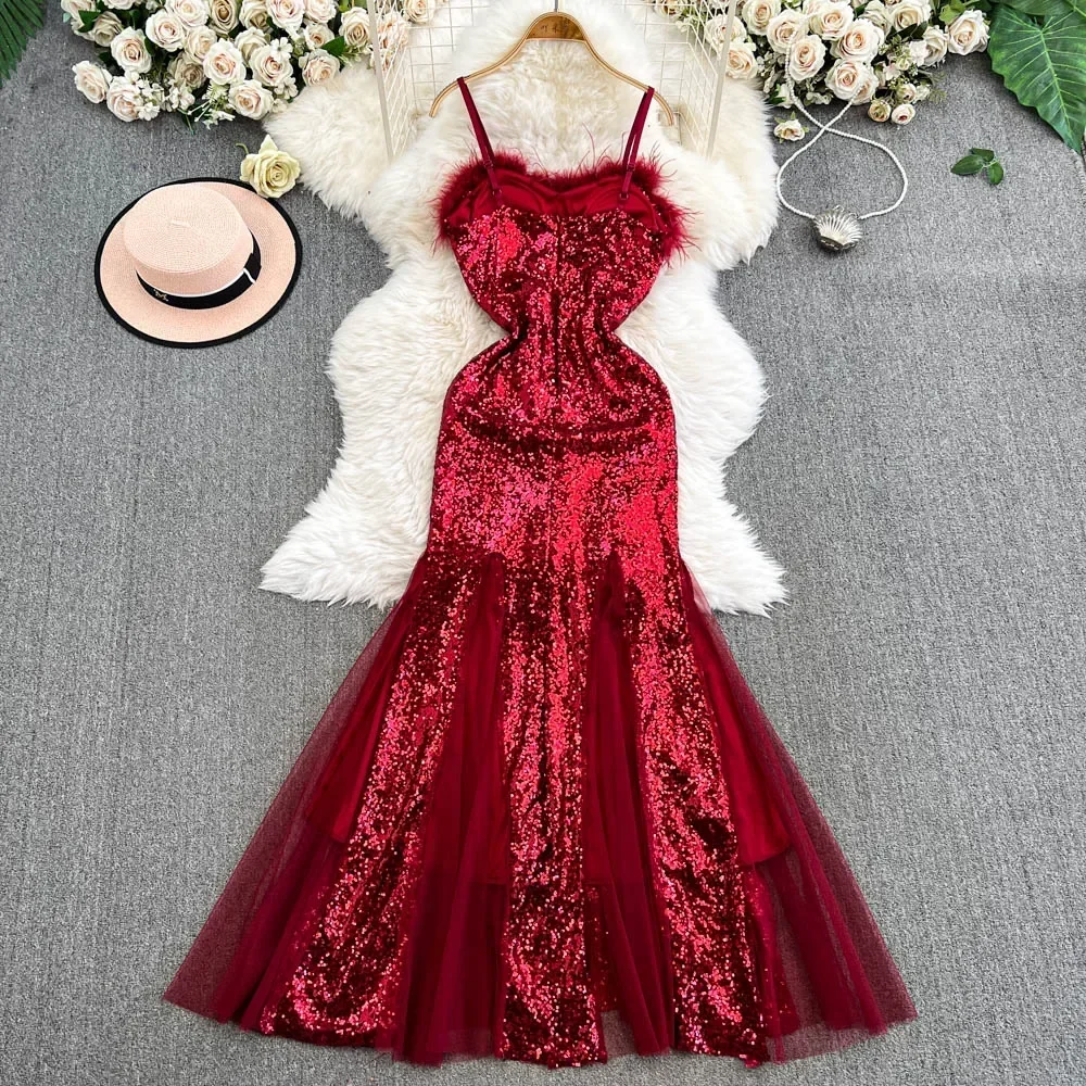 TWOTWINSTYLE High Street Dresses For Women Strapless High Waist Patchwork Feathers Evening Party Dress Female Fashion KDR523805