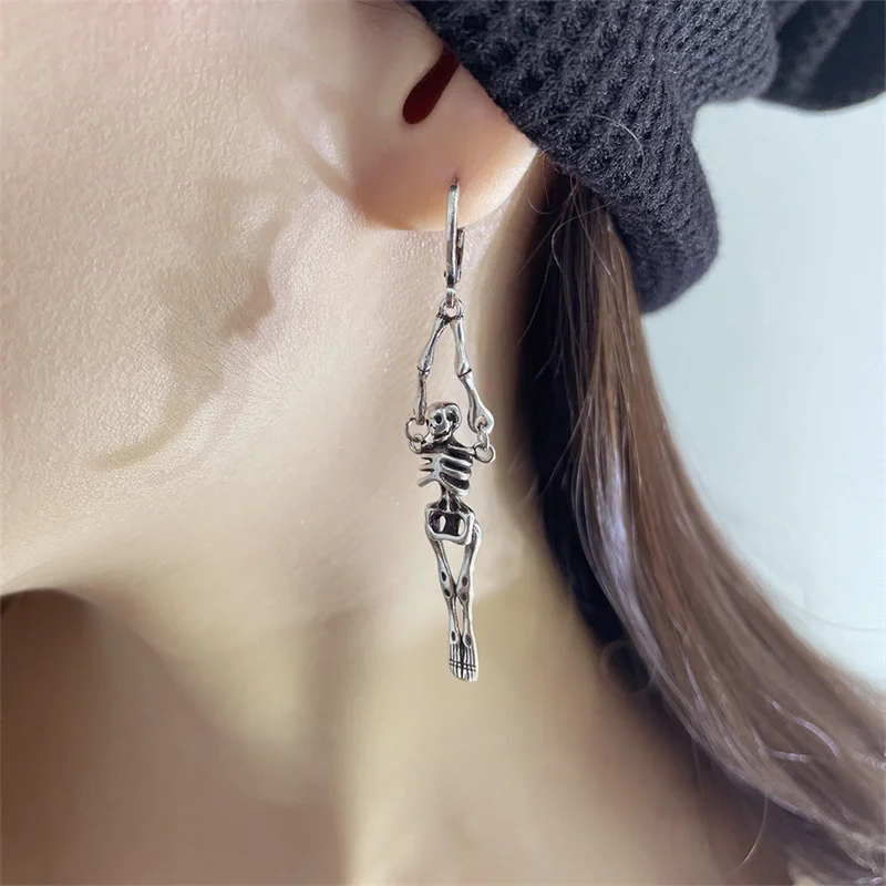 Goth Halloween Large Mermaid Skull Pendant Earrings Women Vintage Silver Color Skeleton Drop Earrings Punk Fashion Jewelry
