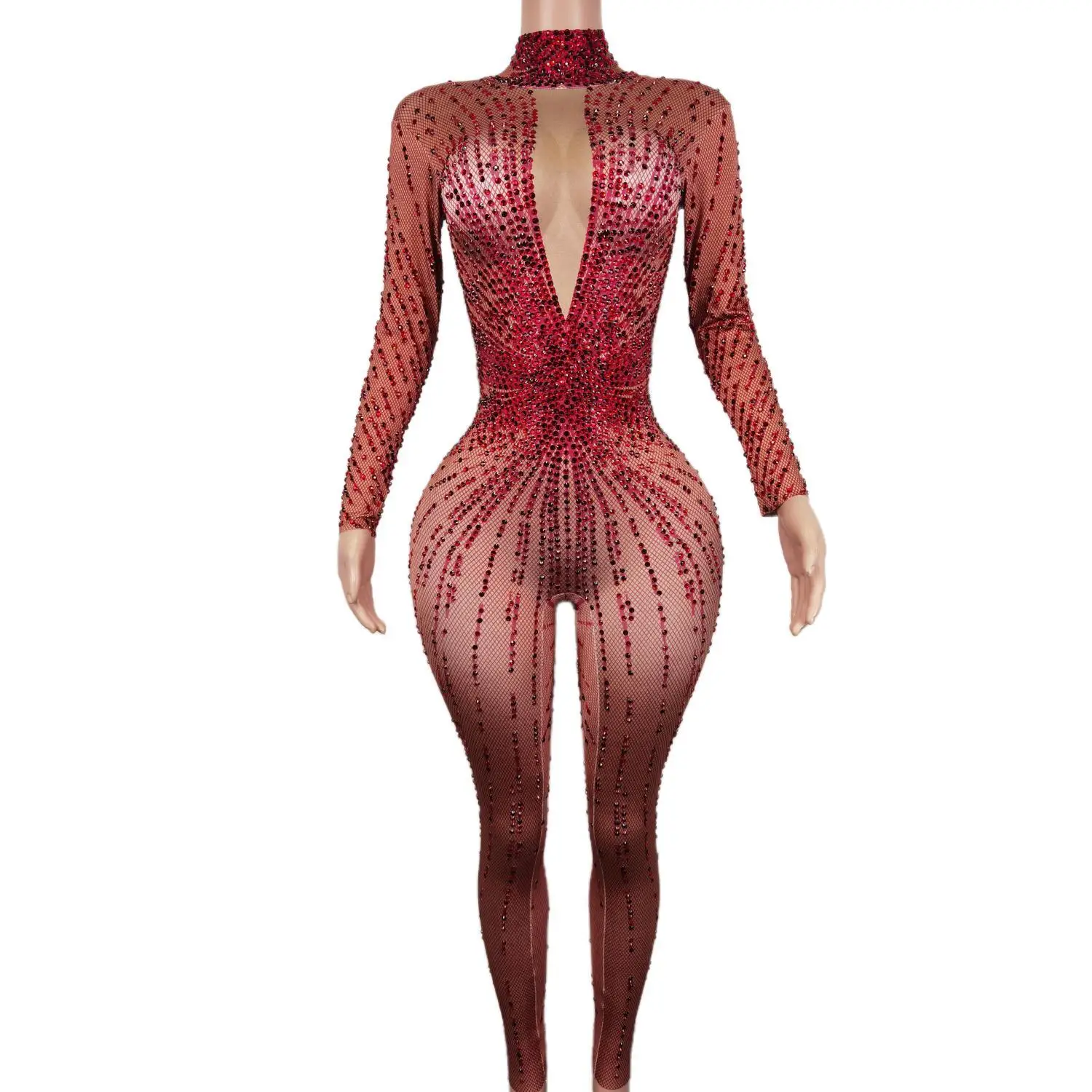 Sparkle Red Diamond Bodysuits Women Bodycon Long Sleeve Leotards V-neck Stage Costumes Ladies Sexy Rhinestone One Piece Jumpsuit