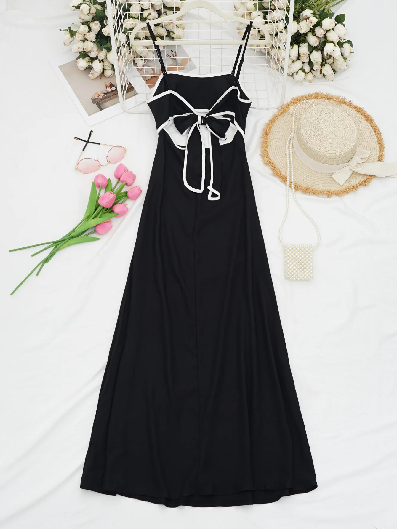 One Spring & Summer Black-White Cutout Slip Maxi Dress, Fashionable & Comfortable, Casual Personalized Style, Outdoor Trip, Youn