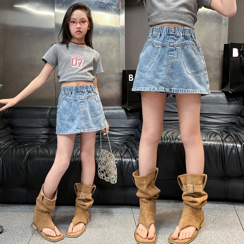 

New Kids Fashion Heart Pocket Jeans Skirt Shorts for Tween Girls Casual Street Summer Denim Skirt with Shorts Children 5-14Year