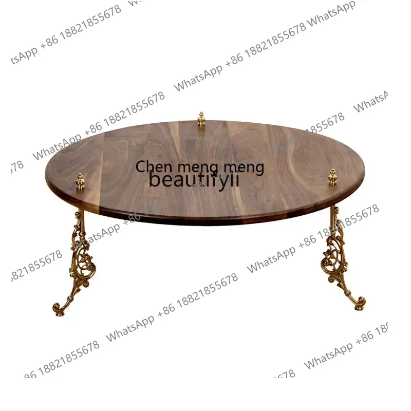 new Nordic Black Walnut Wooden Tea Table Type Home Mid-Ancient Low Table Living Room Double Layer Solid Wood round Coffee Table