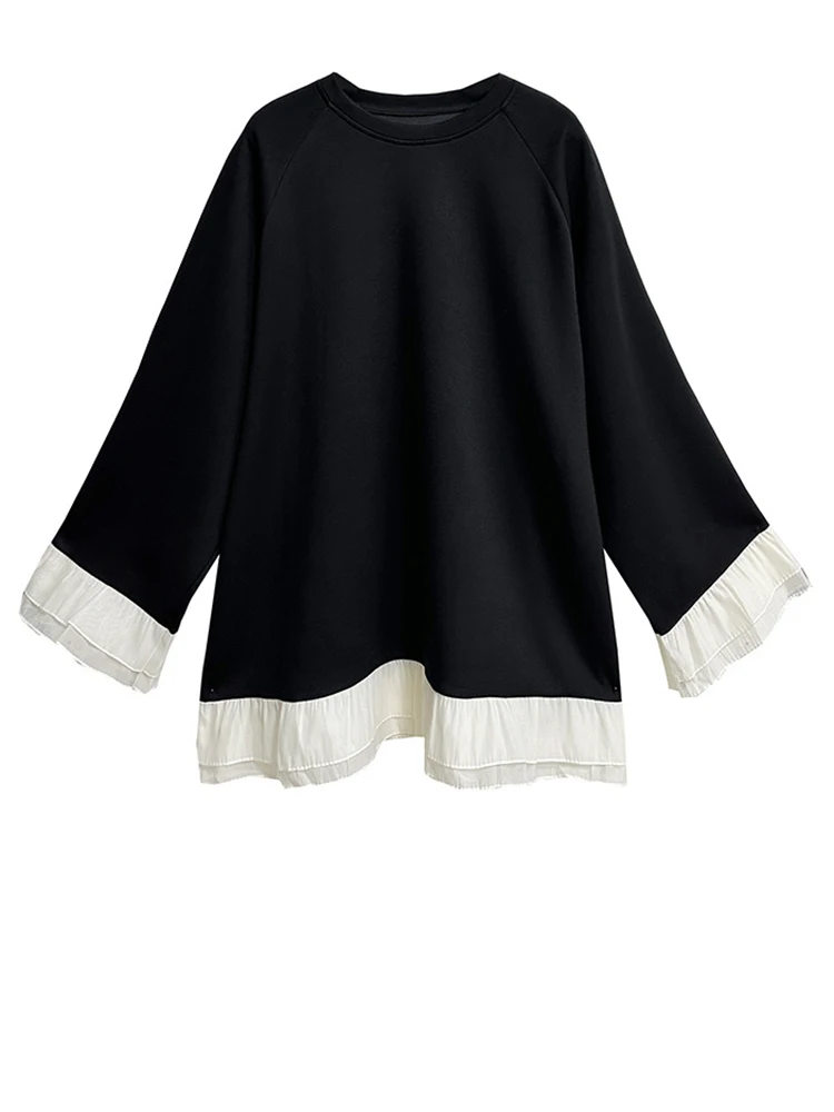 [EAM] Women Black Mesh Spliced Color-block Big Size Dress New Round Neck Long Sleeve Fashion Tide Spring Autumn 2024 1DH7273