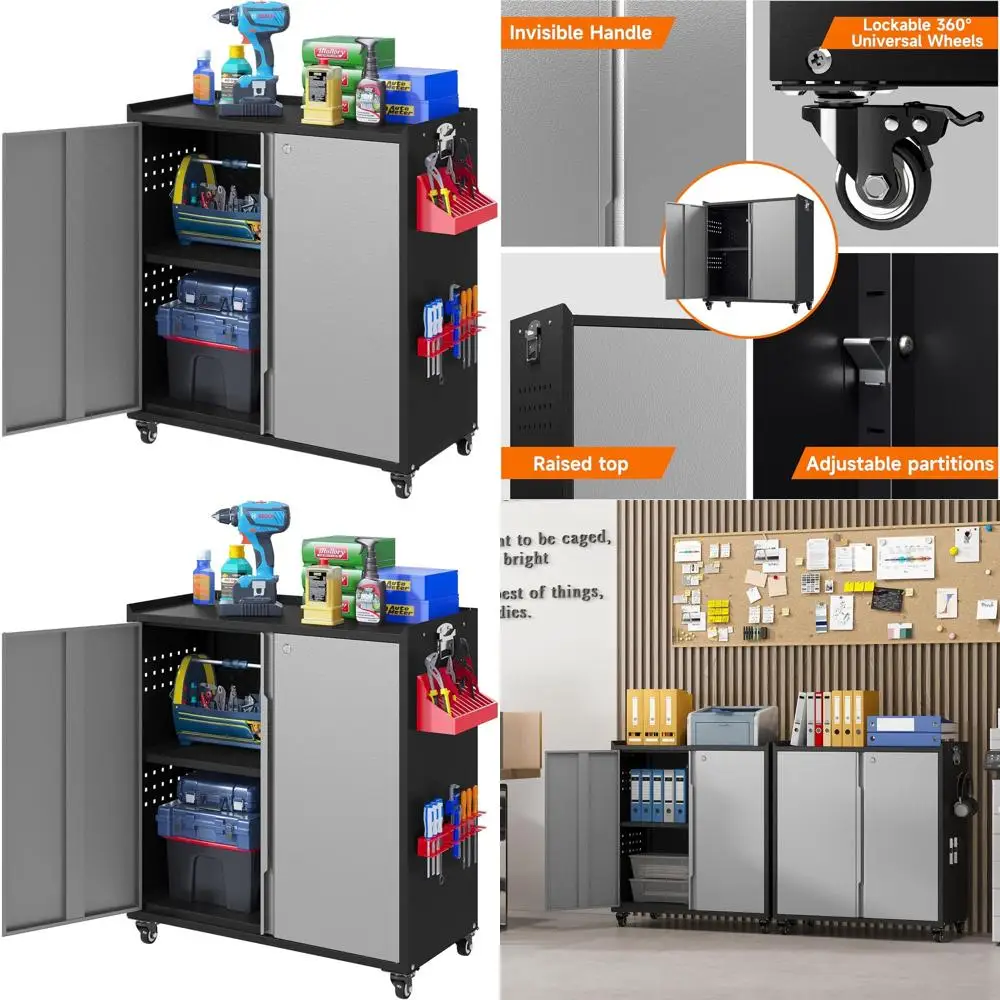 

Compact Rolling Metal Storage Cabinet with Lockable Doors and Adjustable Shelves for Garage, Workshop, and More - Black Gray