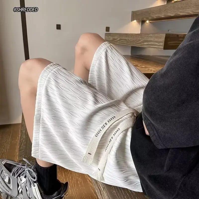 

Men's Summer Thin Qui Dry Ice Silk Five-Quarter orts Casual Loose Spor mid Waist Straight Leg Pure Color Youthful