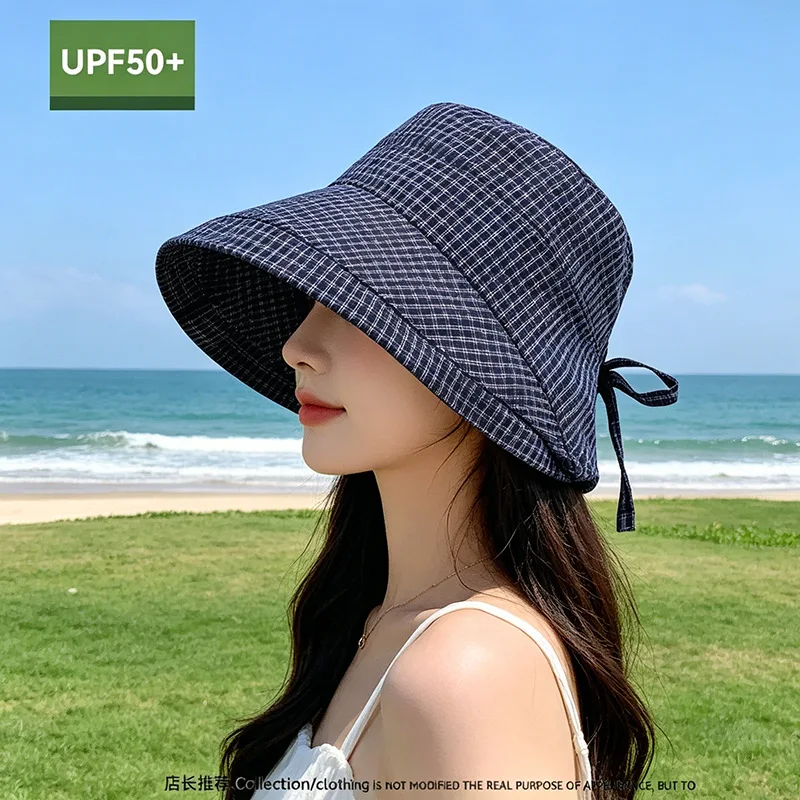 Women Japanese Plaid Rolled Edge Fisherman Hat Quick Dry Wide Brim Sunshade Hat Fashion Casual Bucket Cap