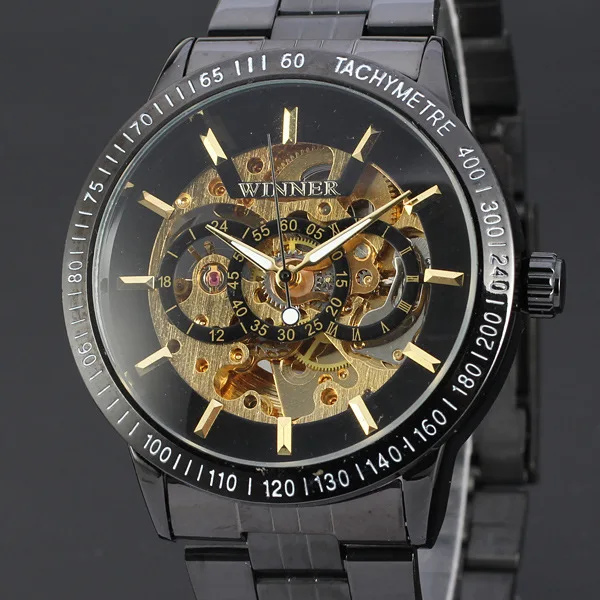 Fashion Winner Top Brand Watch Black Luxury Stainless Steel Mens Skeleton Transparent Mechanical Male Automatic Wrist Watches