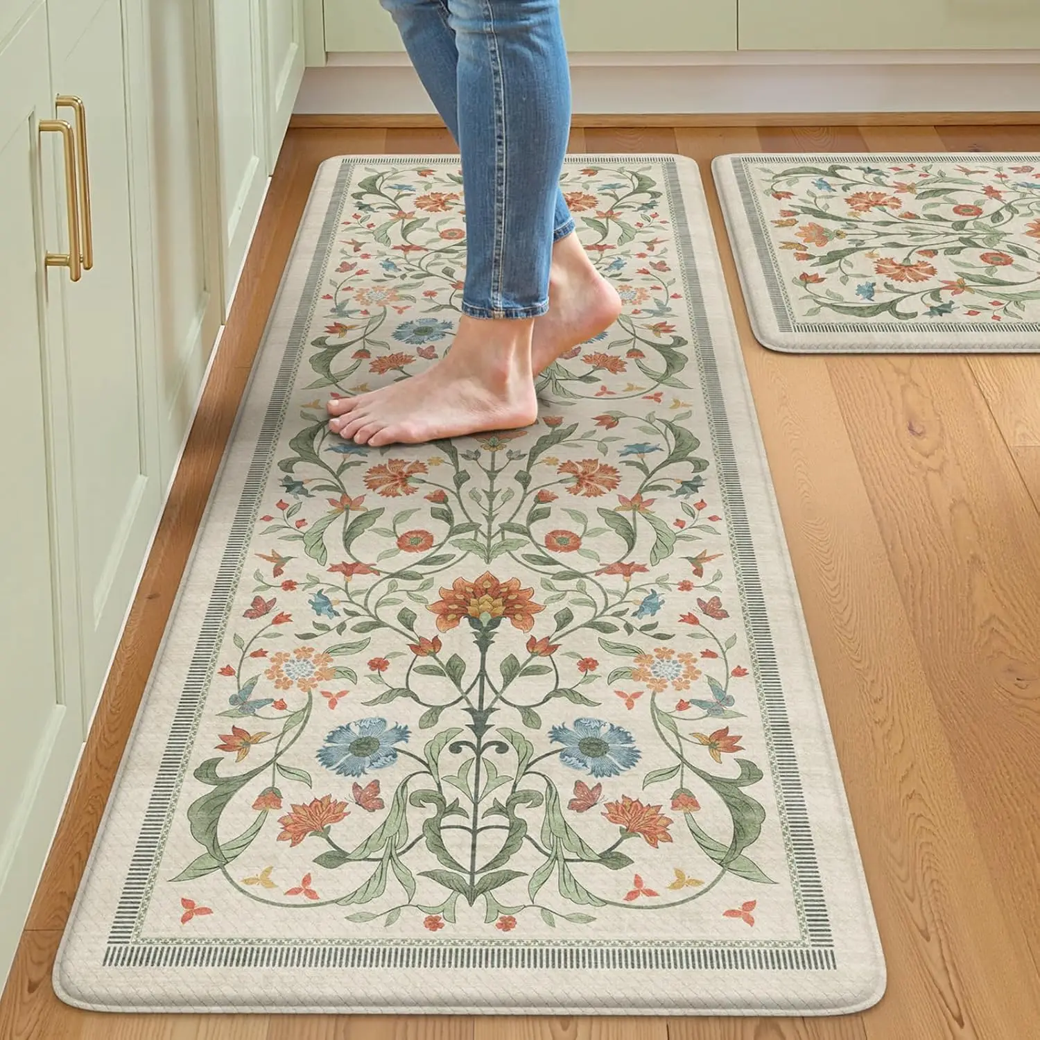 

Anti Fatigue Kitchen Mats, Waterproof & Non Slip, 20x47+20x32, Beige Floral
