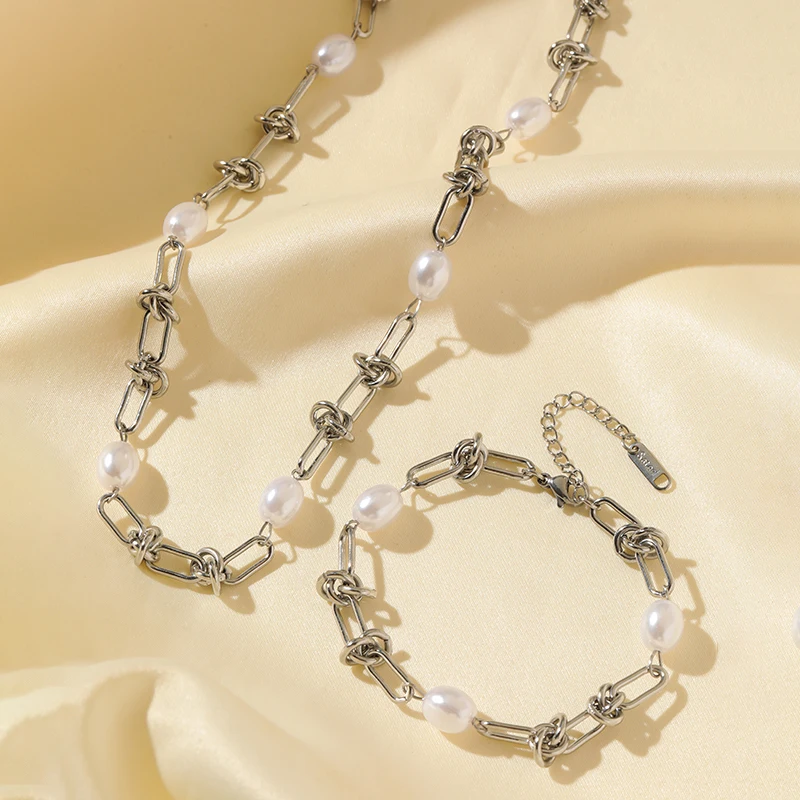 EILIECK 316L Edelstahl Metall Goldfarben Perlenknoten-Ketten-Halsketten-Armband-Set für Damen, Modisches Statement-Schmuckgeschenk – Detail 14