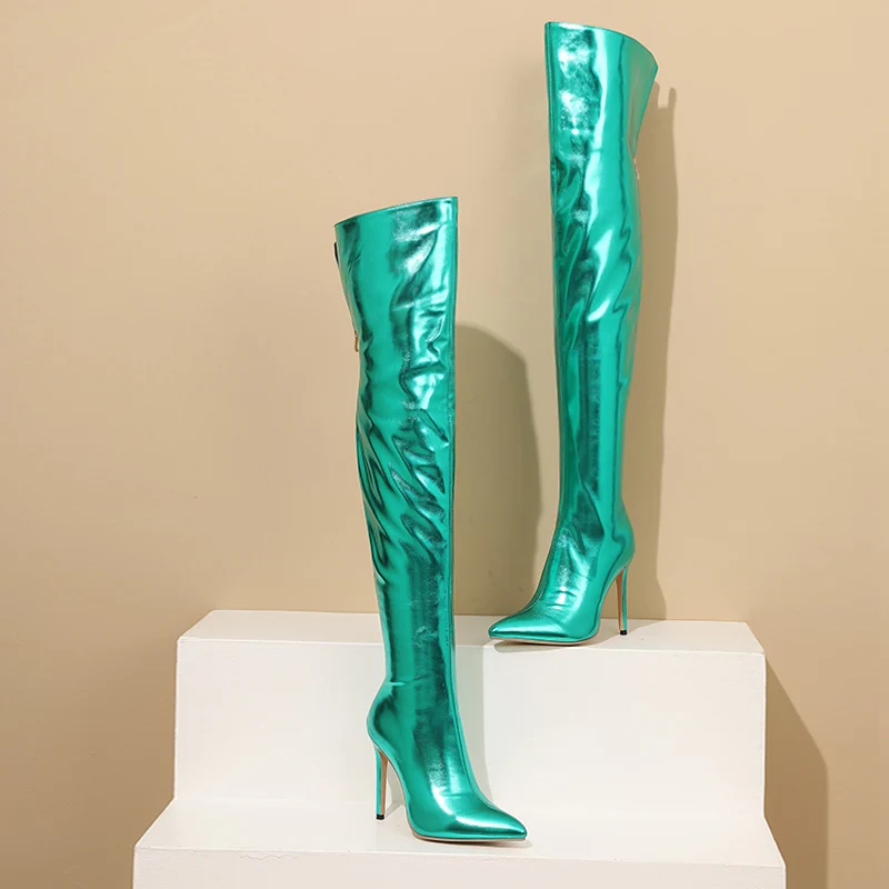 Bright Patent Leather Material Ultra-High Thin Pointed Sexy Over The Knee Boots Breathable Inner Lining Zipper Sewing Long Boots