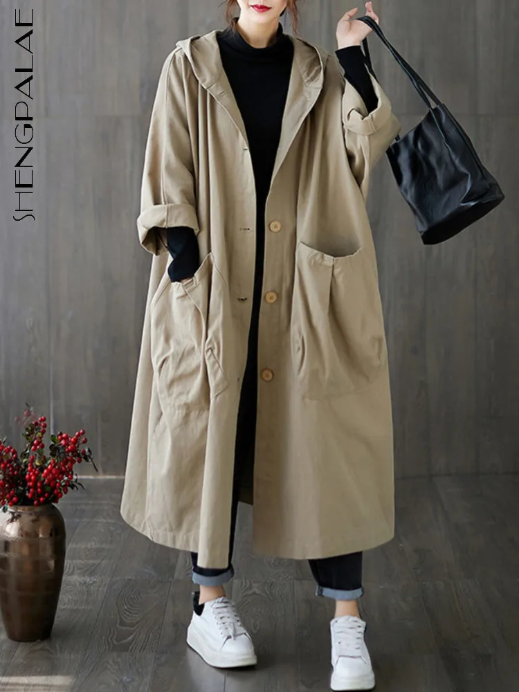 SHENGPALAE Hooded Long Trench Coats For Single Breasted Solid Color New 2024 Spliced Pockets Loose Casual Windbreaker 5C1719