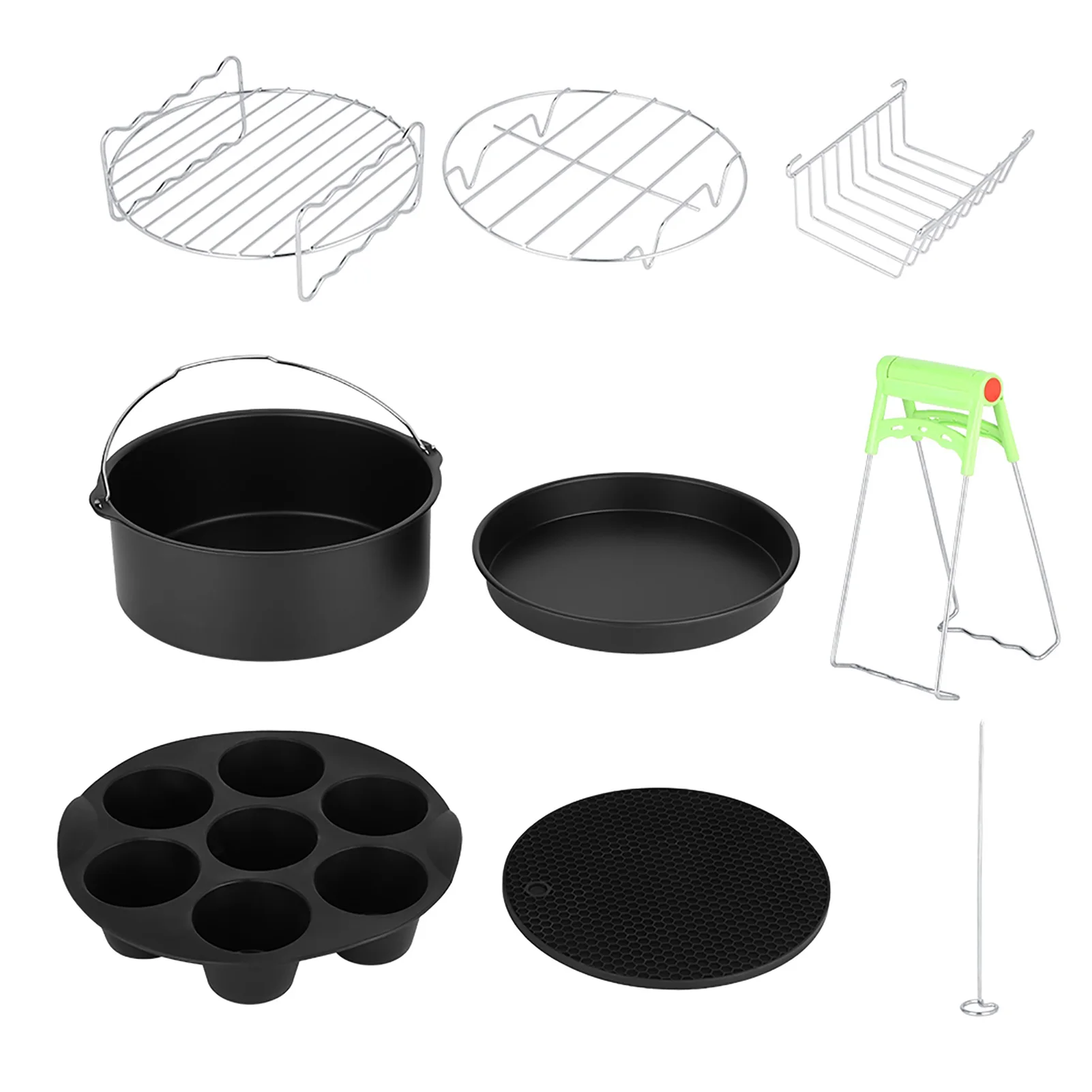 

8in 8Pc Air Fryer Accessories Set Kit Parts Metal Holder Skewer Rack Cake Barrel Air Fryer Kits Hot Air Fryer Fryer Accessories