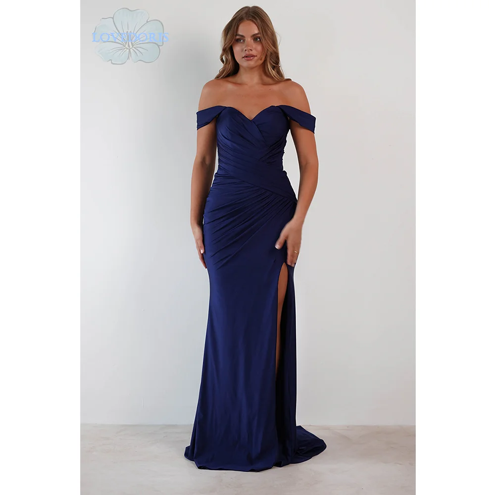 

LoveDoris Bridesmaid Dress Long Satin Prom Dress Navy Blue Sweetheart Evening Party Dress Off the Shoulder Wedding Dress