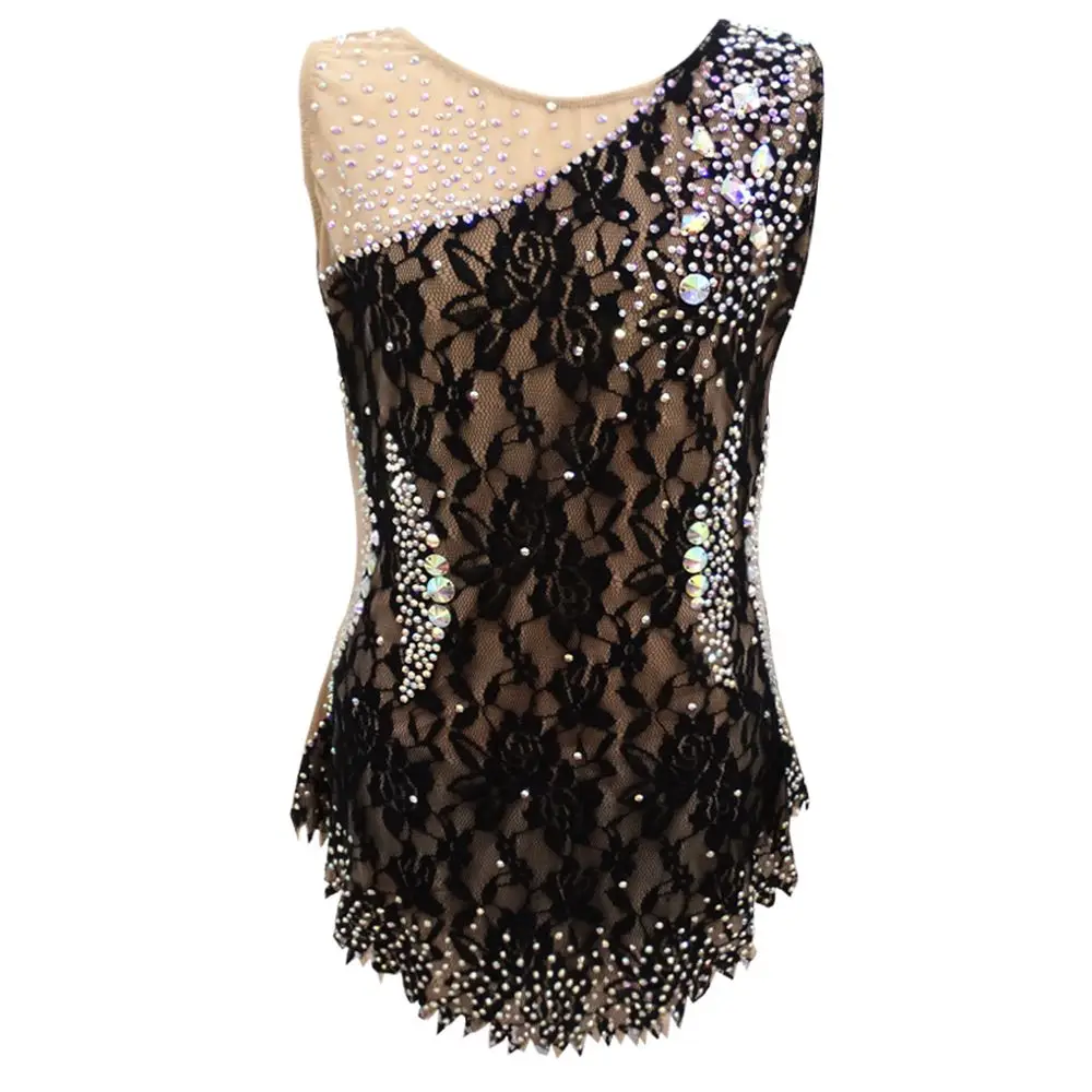 Artistics Gymnastics Leotards Black Sleeveless Lace Diamonds Girls Competition Performance