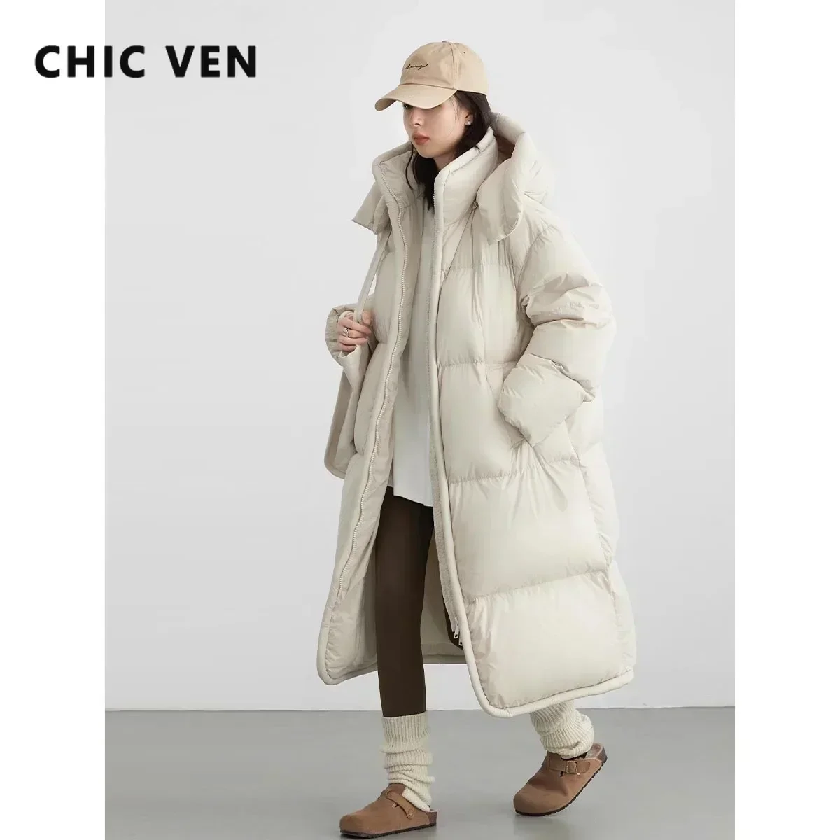 CHIC VEN Women Long Down Coats Hooked Loose New Solid Woman Down Jacket Thick Soft Warm Female Overcoat Autumn Winter 2023