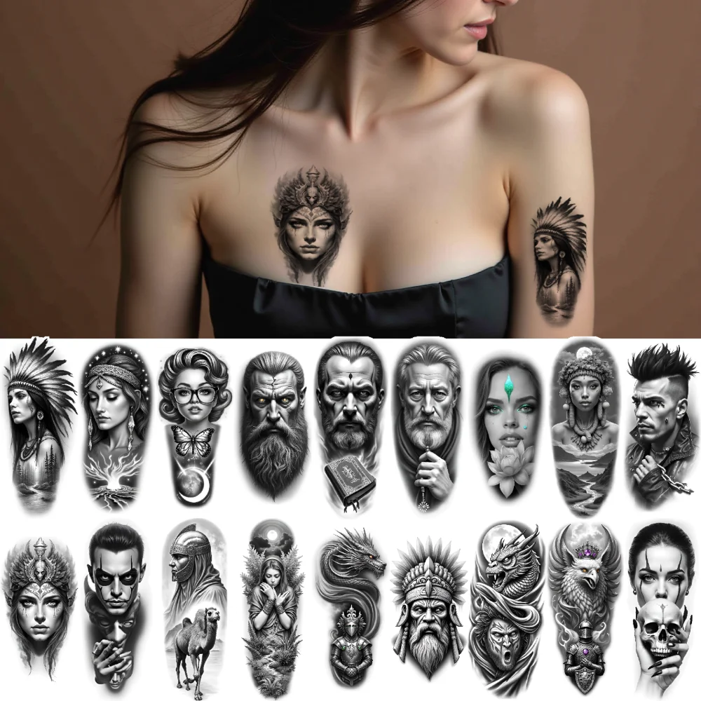 

12pcs Temporary Tattoo Warrior Realistic Temporary Tattoos Skull Native American Chief Waterproof Long-lasting Body Stickers For
