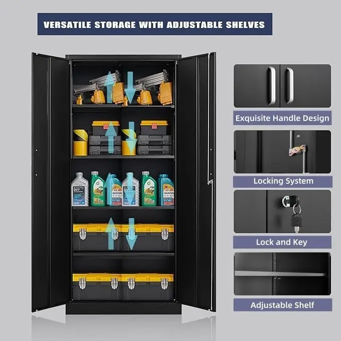 Metal Storage Cabinet With Adjustable Shelves Black Garage Cabinets With Doors And Shelves High Capacity File Racks For Home Office Tall Kitchen Pantry Locker Utility Storage Organizers view 5