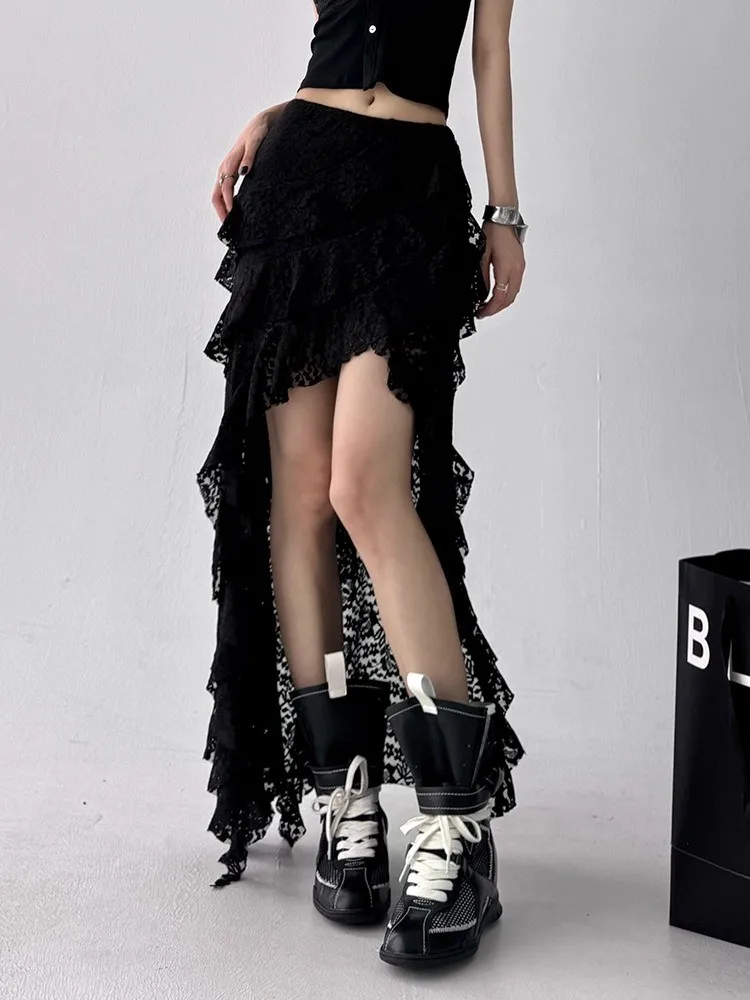 تنورة عالية الخصر غير متماثلة من الدانتيل للفتيات العصريات للتنقل النسخة الكورية تنورة منتفخة مجوفة #4