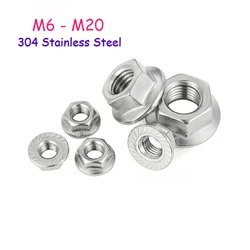 M6 ~ M20 Flange Nuts 304 Stainless Steel Fine Thread Hex Nuts with Serrated All Metal Insert Pitch 0.75/1/1.25/1.5mm