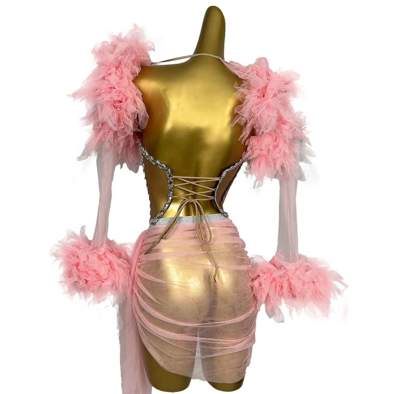 Roze Mesh Pailletten 3 Stuks Set Jurk Cheerleading Lasvega 'S Showgirl Dragen Charmant Zie Drag Queen Outfit Sexy Podiumkleding Xinshen