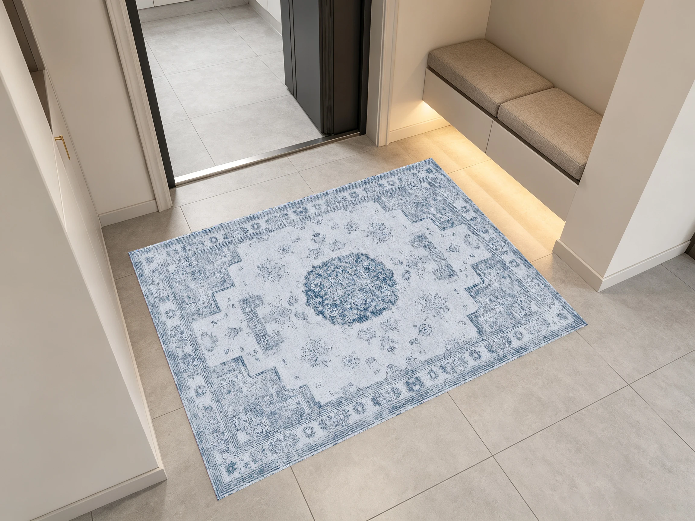 Light Blue Vintage Ethnic Style Area Rug, Classic Central Medallion Pattern, for Autumn Winter Home Refresh, Decor for Entryway