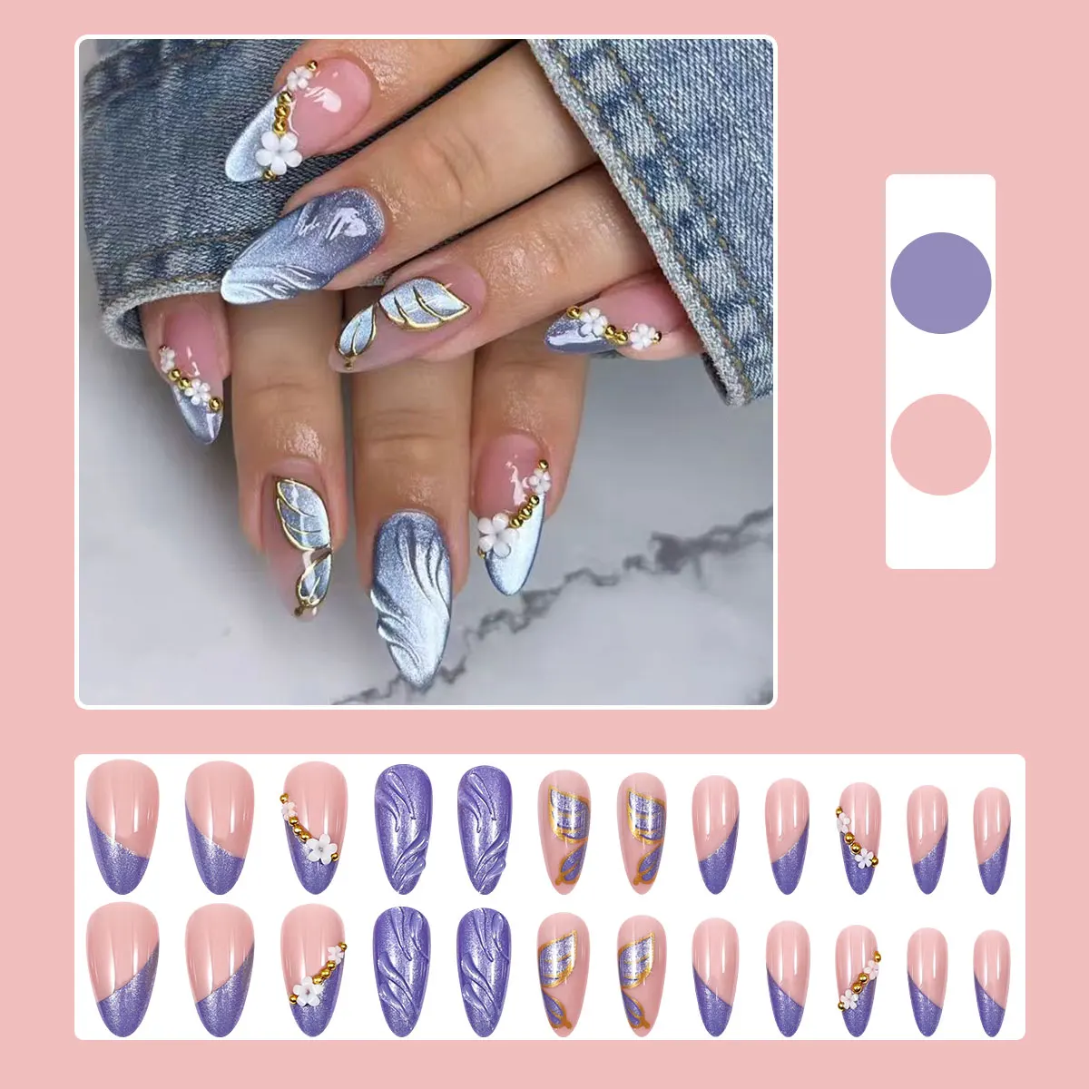 3D-Mandel-Nägel zum Aufdrücken mit Blumen-Perlen-Stern-Designs, 3D-Glitzer-Kleber auf die Nägel, niedlicher, glänzender Acryl-Nagel zum Aufkleben