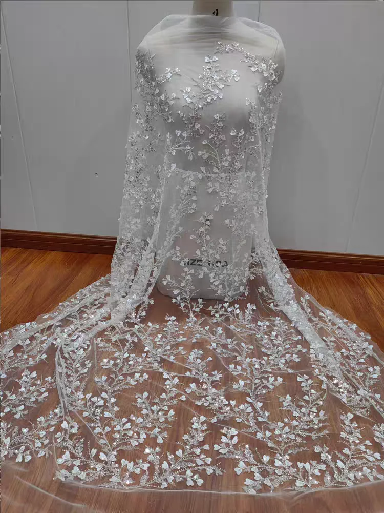 

Classic Tree Branch With Leaves Lace Fabric Heavy Beaded Lace Shining Sequins Fabric for Wedding Dress