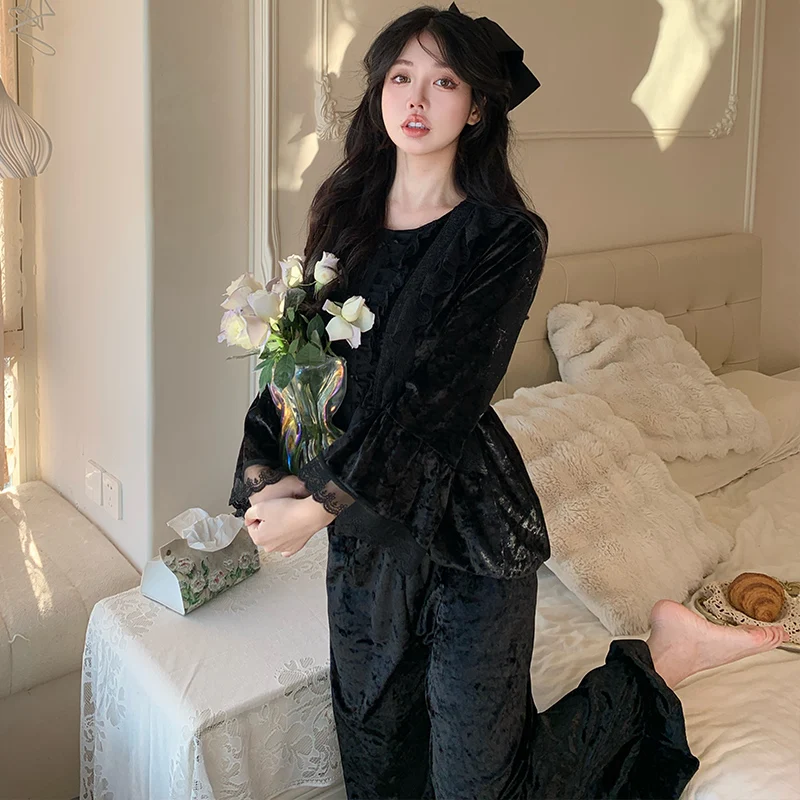 

Pajama Cute Sets Women Fall Wool Adorable Theme Festive Gifting Loungewear Quick Dry Fabric V Neck Three Quarter Sleeve Short OL