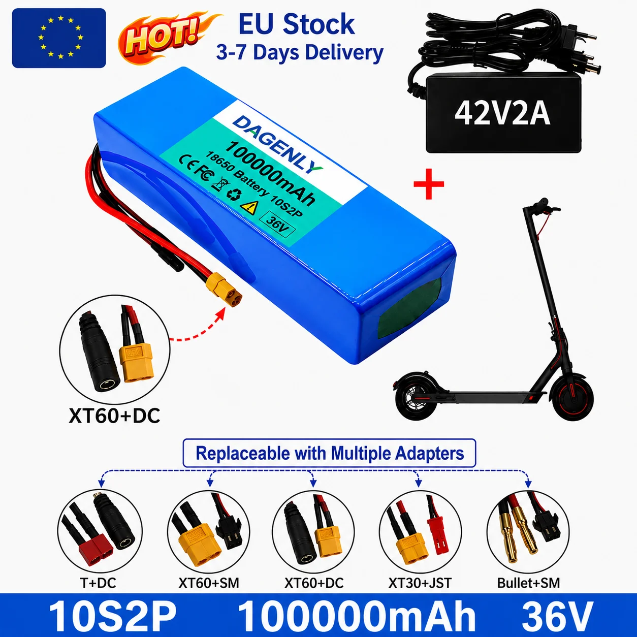 36V 10S2P 100000mAh Li-Ionen-Akku mit 42V 2A Ladegerät, XT60-Anschluss, austauschbaren Adaptern für Elektroroller und E-Bikes, EU-Lagerbestand